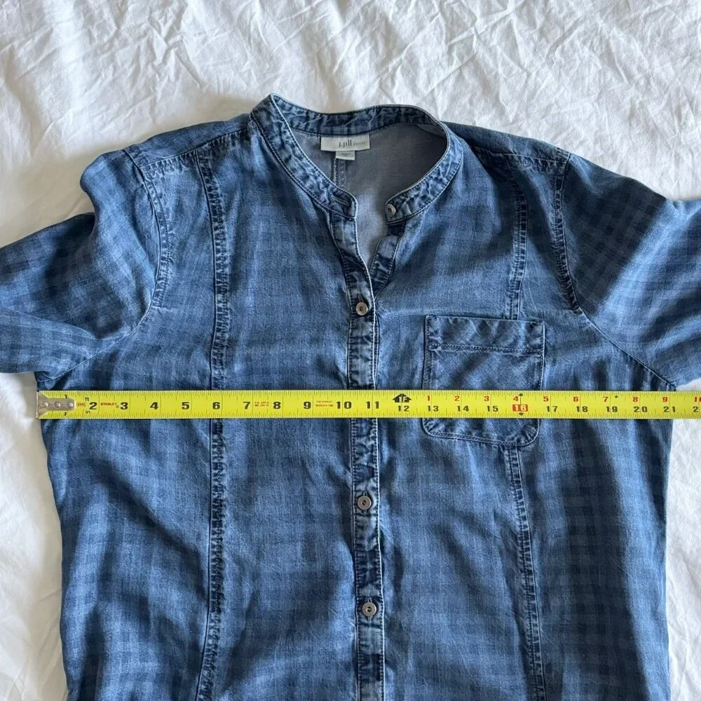 J. Jill Chambray Denim Checkered Shift Shirt Dress Size Medium - Picture 7 of 10
